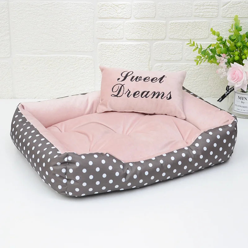 Polka Dot Plush Basket Dog Bed with Sweet Dreams Cushion, Raised Sides, 4 Colours, 3 Sizes — PoshPup DreamNook™