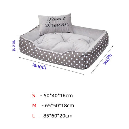 Small dog lying in polka dot basket bed with Sweet Dreams cushion — SniffWaggleNWalk