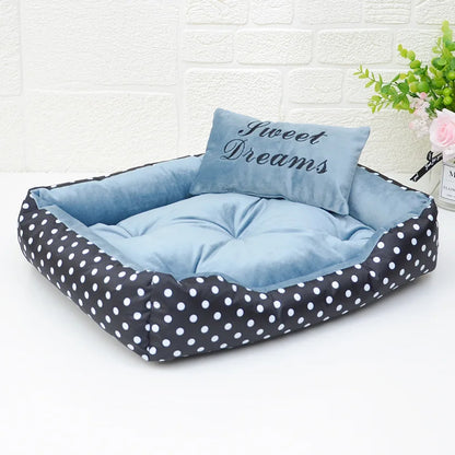 Polka Dot Plush Basket Dog Bed with Sweet Dreams Cushion, Raised Sides, 4 Colours, 3 Sizes — PoshPup DreamNook™