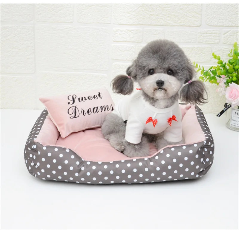 Polka Dot Plush Basket Dog Bed with Sweet Dreams Cushion, Raised Sides, 4 Colours, 3 Sizes — PoshPup DreamNook™