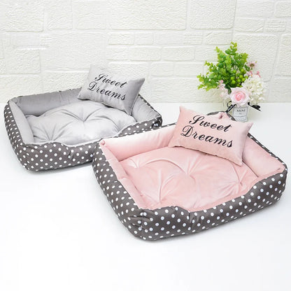 Polka dot plush dog bed with raised basket sides and tufted base — SniffWaggleNWalk