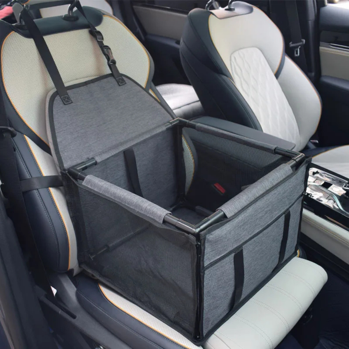 Close-up of adjustable headrest strap attaching PupRide dog car booster seat to car seat