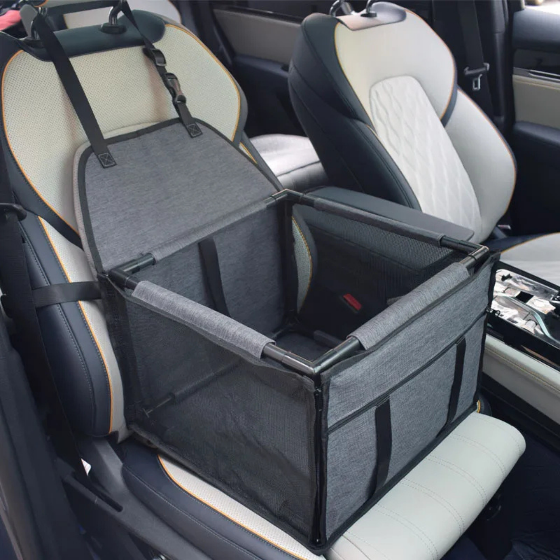 Close-up of adjustable headrest strap attaching PupRide dog car booster seat to car seat