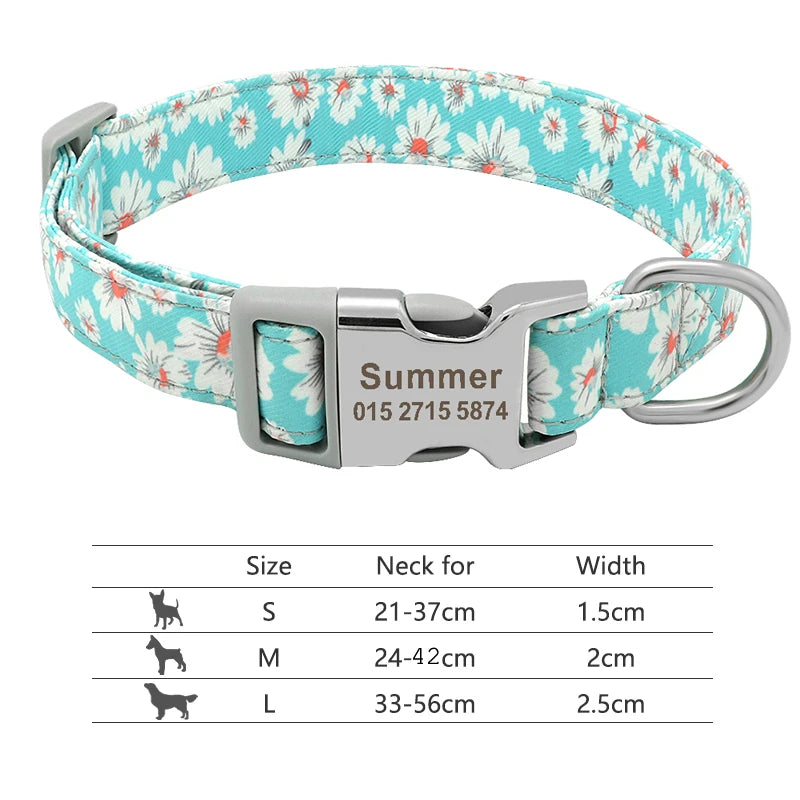 NameTag personalised engraved dog collar daisy floral navy blue pattern