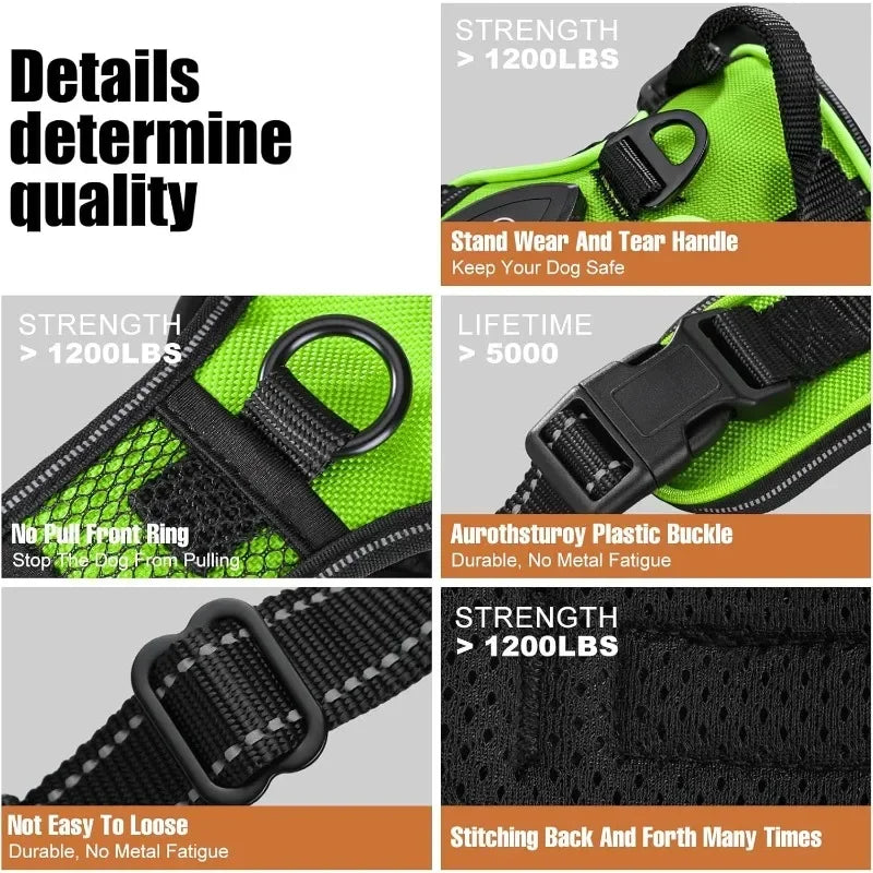 LED dog harness with labelled features including front clip back clip top handle and padded chest plate