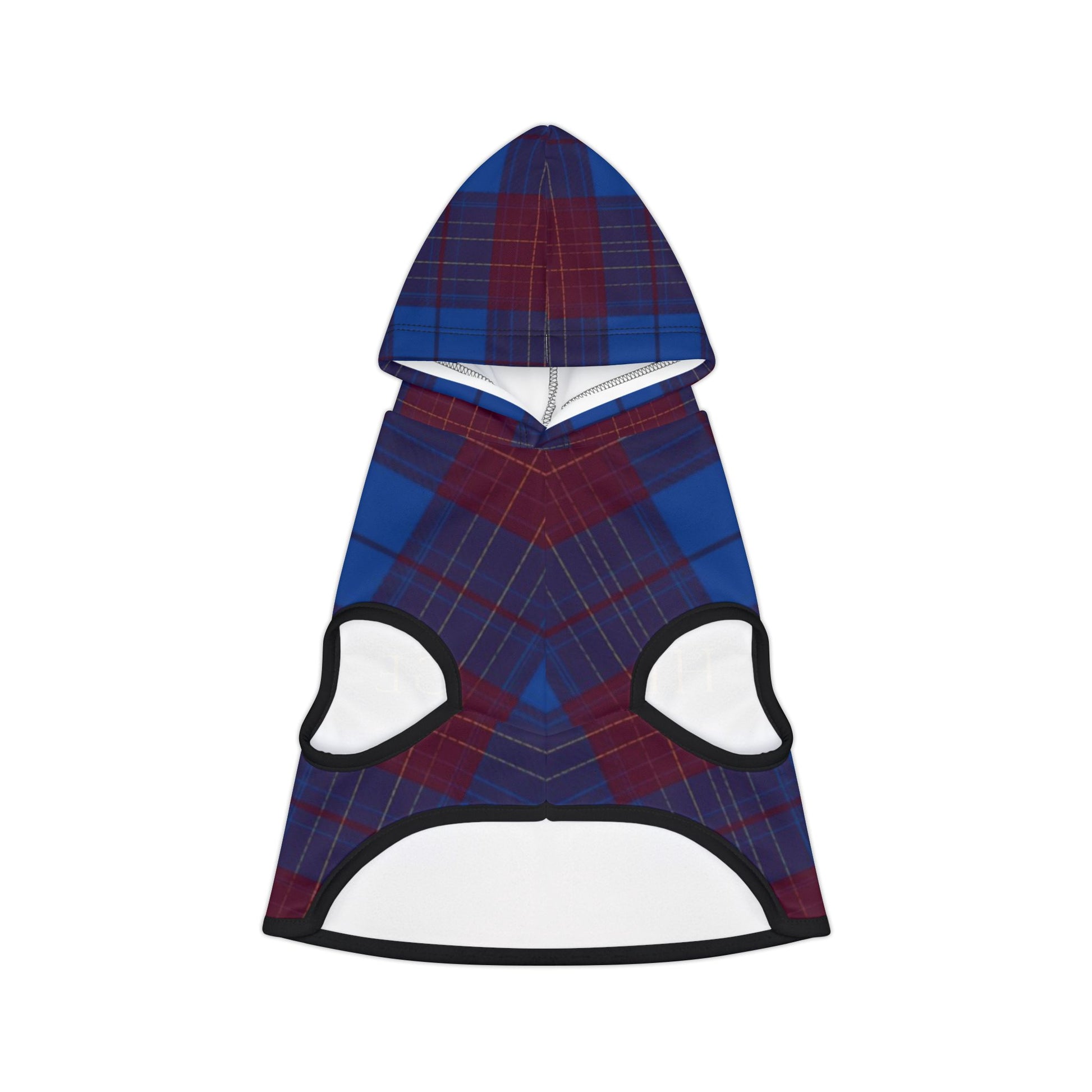 Dog wearing heritage tartan hoodie during an outdoor walk