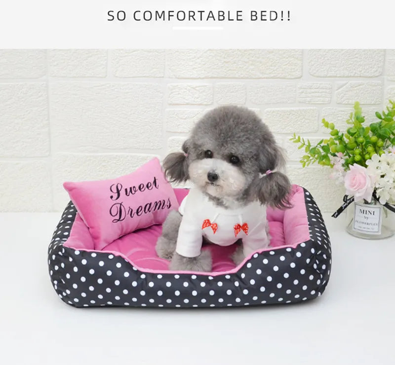 Four colour options of polka dot plush basket dog bed — SniffWaggleNWalk
