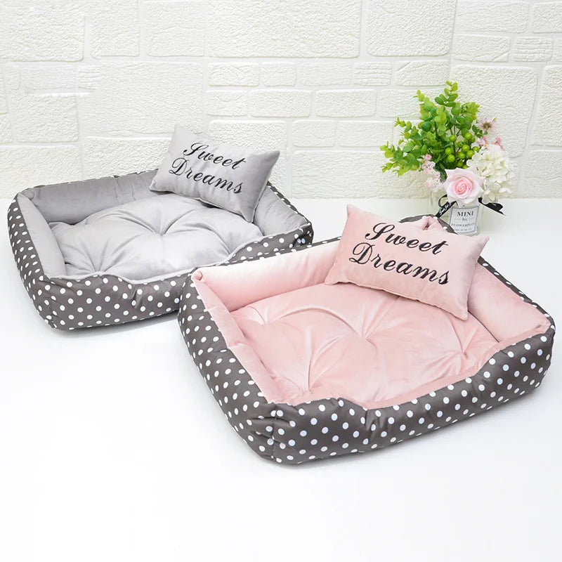 Polka dot dog bed with pink Sweet Dreams cushion, small dog size — SniffWaggleNWalk