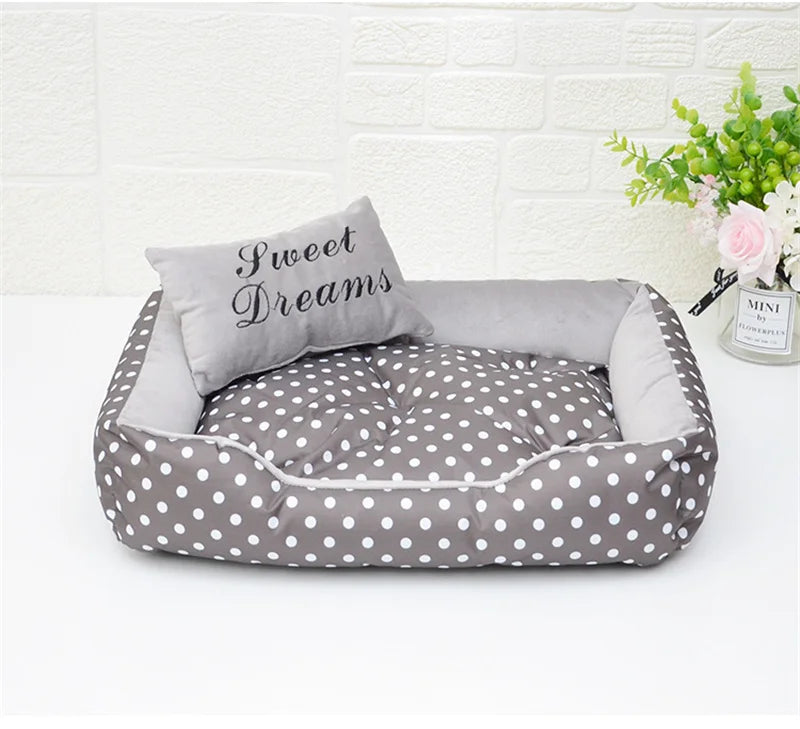 Polka Dot Plush Basket Dog Bed with Sweet Dreams Cushion, Raised Sides, 4 Colours, 3 Sizes — PoshPup DreamNook™
