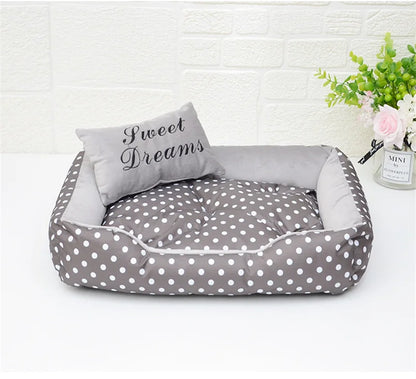 Polka Dot Plush Basket Dog Bed with Sweet Dreams Cushion, Raised Sides, 4 Colours, 3 Sizes — PoshPup DreamNook™