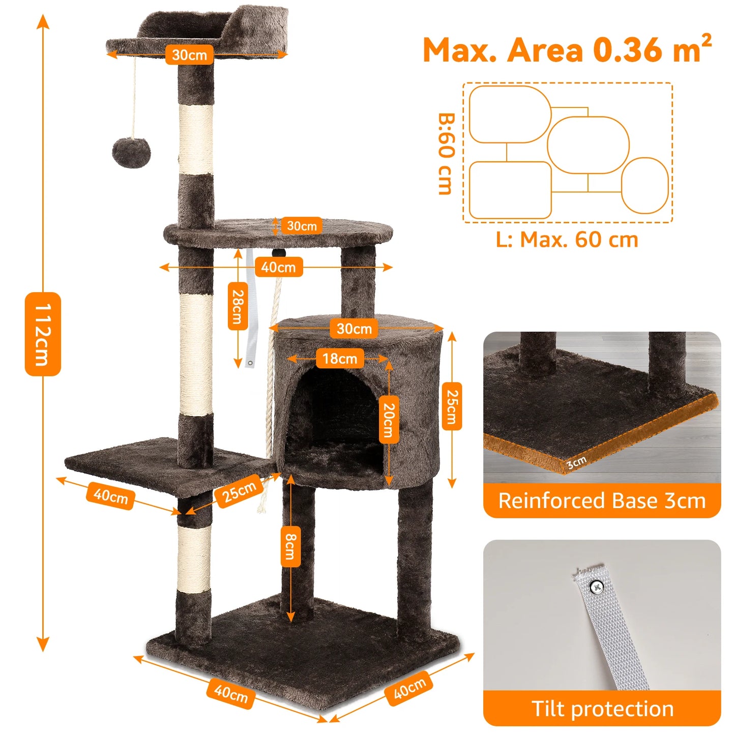 Cat play tower with sisal rope and platforms dark brown