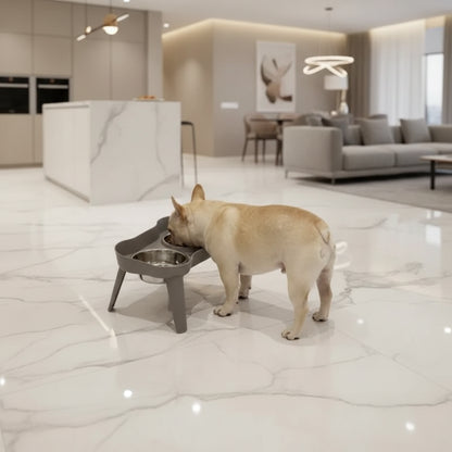 SuperDesign elevated dog feeder positioned in modern kitchen with grey flooring