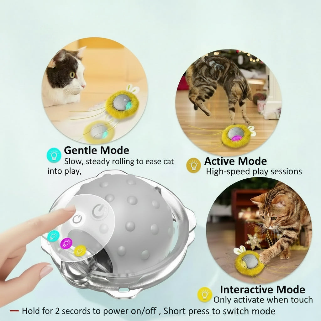 Cat toy with three working modes shown on a light blue background