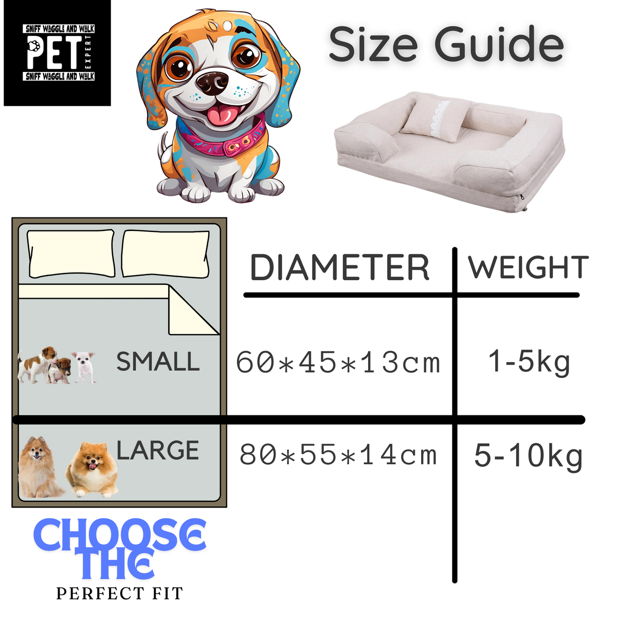 Size chart for linen sofa lounger dog bed — M 60x45cm up to 5kg, L 80x55cm up to 10kg — Sniff Waggle And Walk