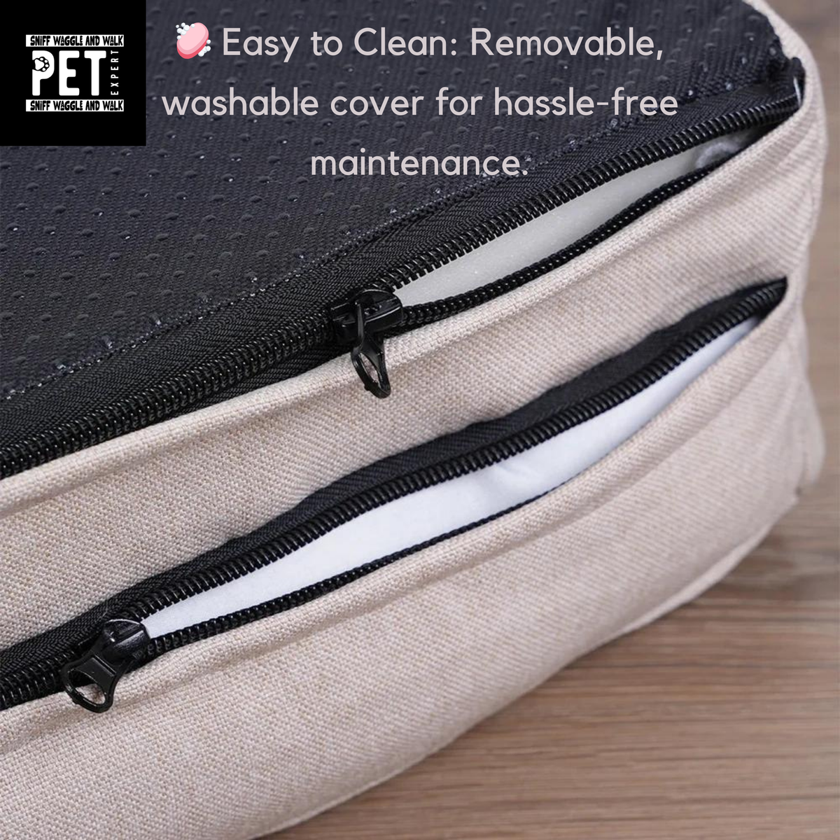 Removable zip cover detail on linen sofa lounger dog bed — Sniff Waggle And Walk