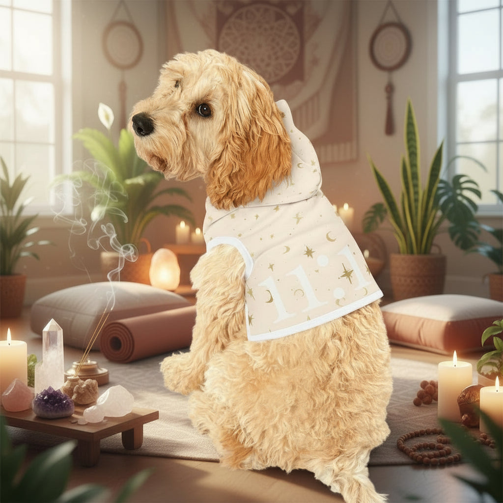 Large dog wearing lightweight star and moon print hoodie with 11:11 on back