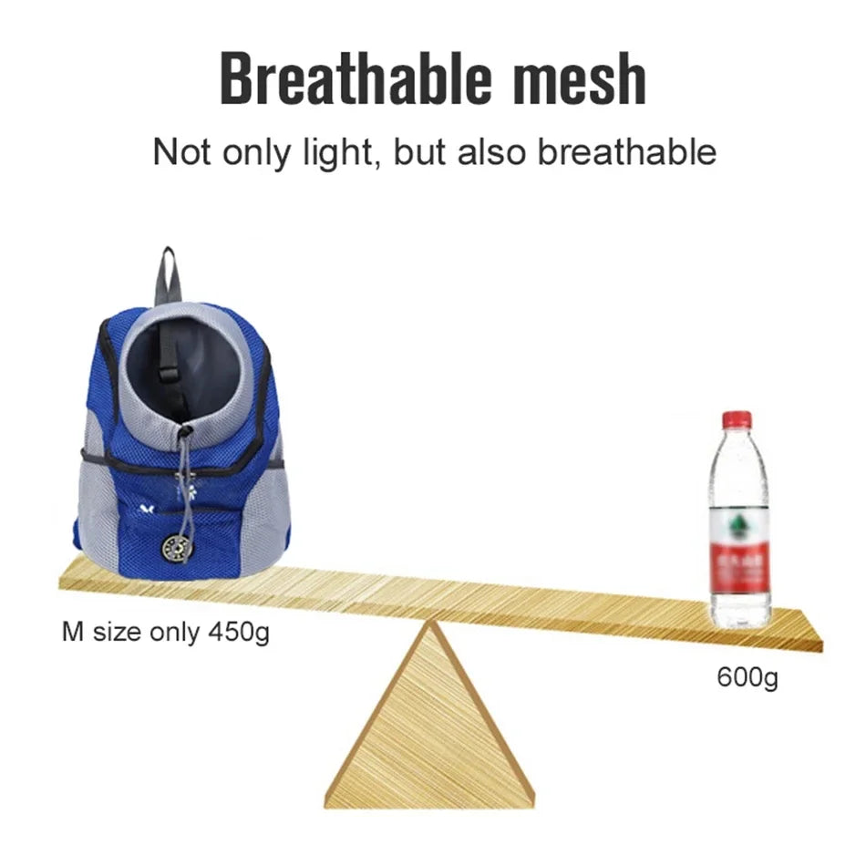 Blue and gray pet carrier on a seesaw with a bottle, indicating weight comparison.