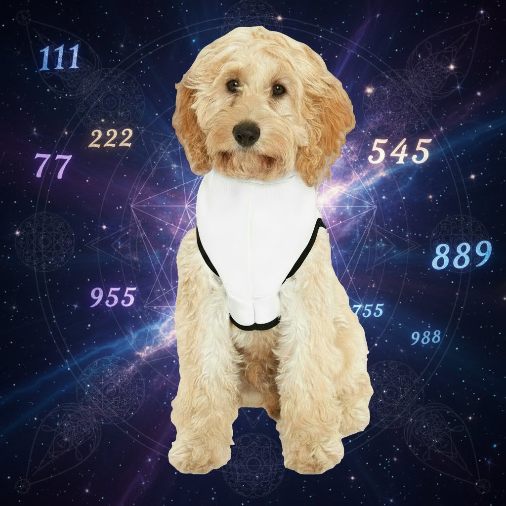 Dog walking in 444 angel vibes hoodie symbolizing protection.