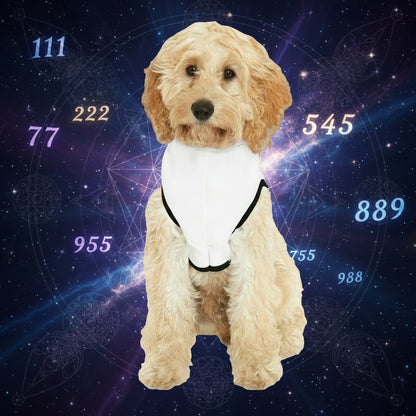 Dog walking in 444 angel vibes hoodie symbolizing protection.