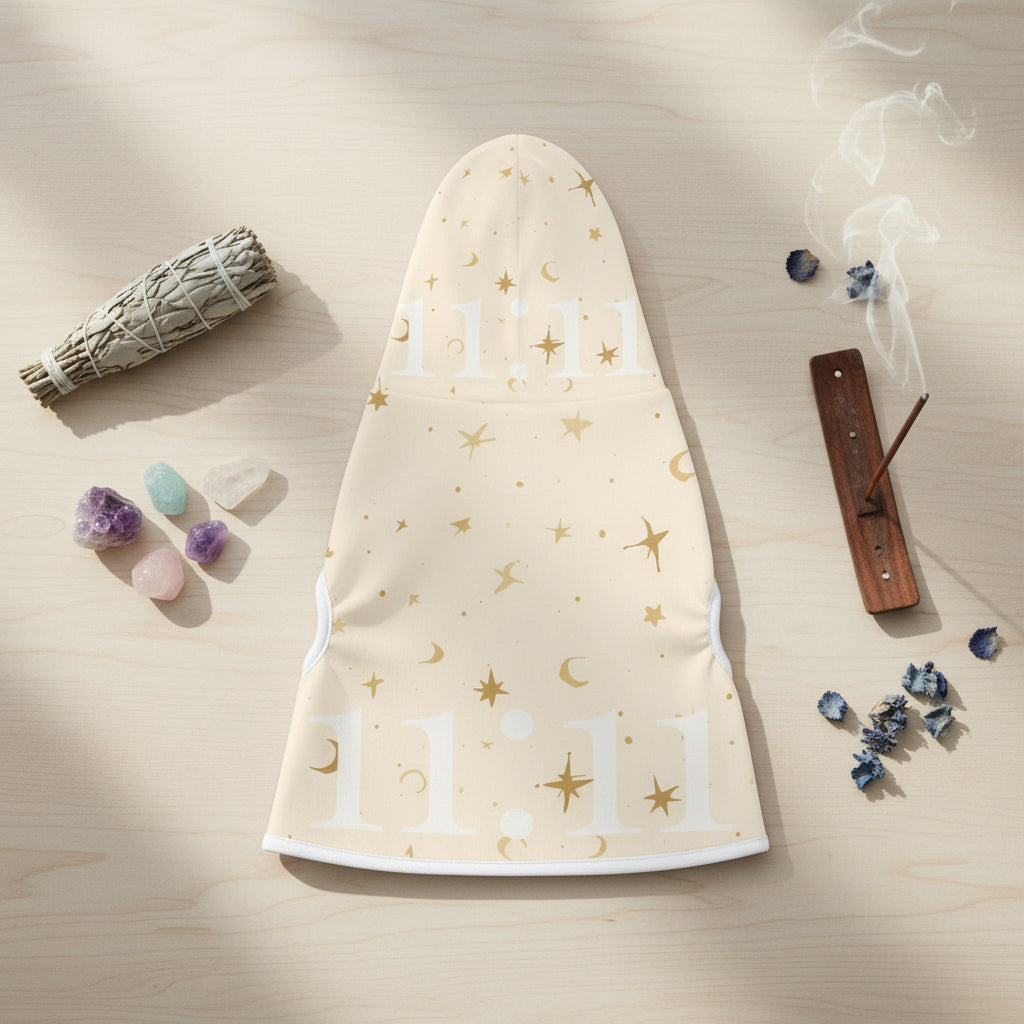 Small dog wearing cream celestial hoodie with star and moon print