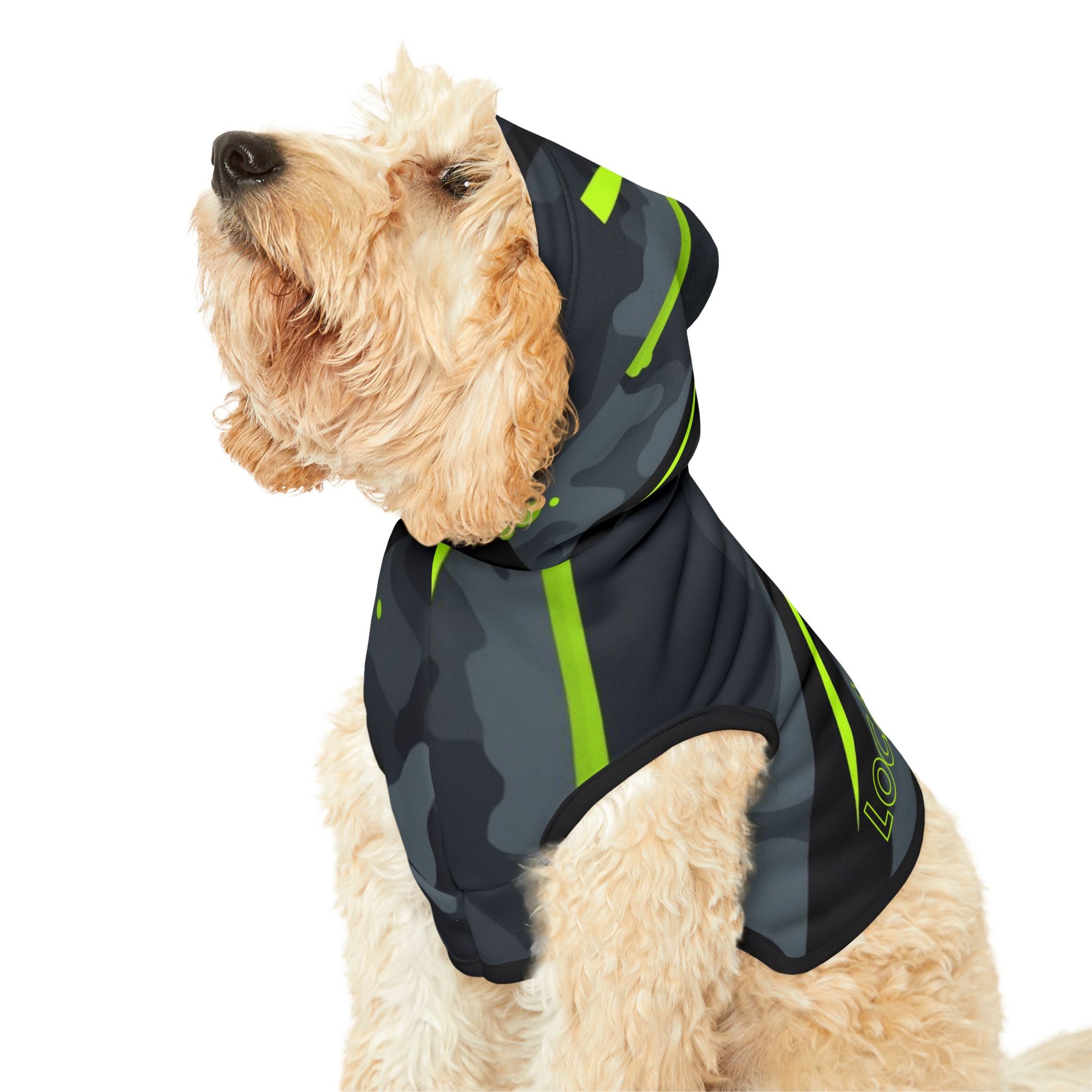 Neon green graphic detail on urban streetwear dog hoodie