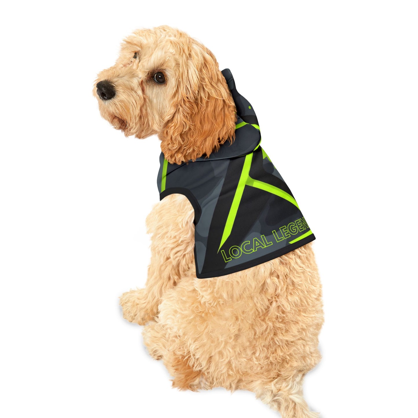 Black camo dog hoodie with neon green Local Legend streetwear design