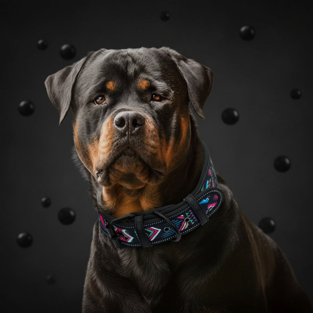 Dog wearing a colorful collar with a blurred natural background