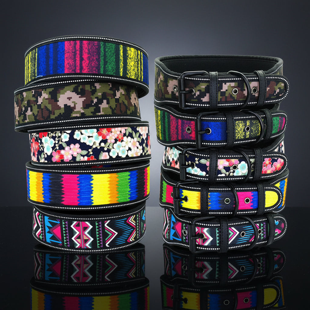 Collection of colorful dog collars with various patterns on a white background