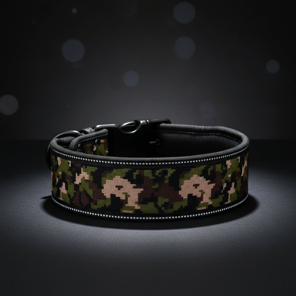 Camouflage-patterned dog collar with reflective trim on a white background