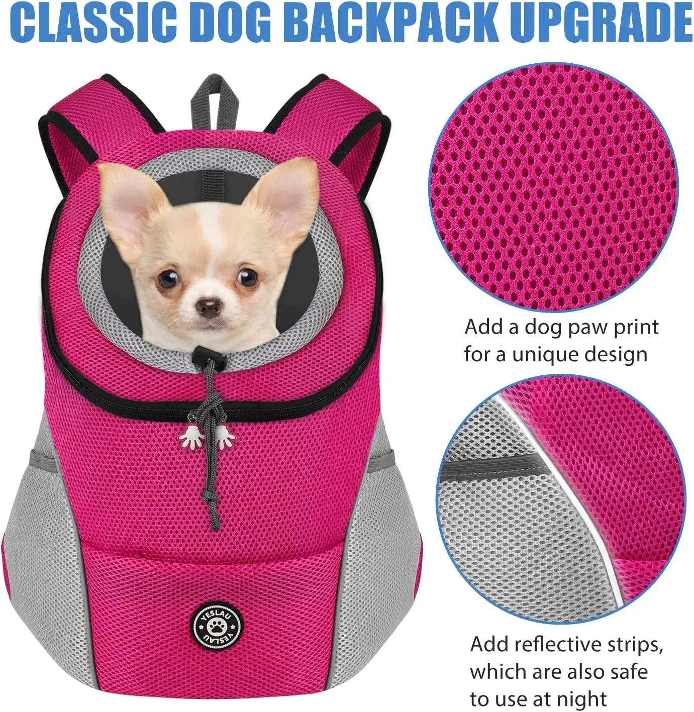 Pink dog backpack with a chihuahua inside, showing close-up details of the material and design features.