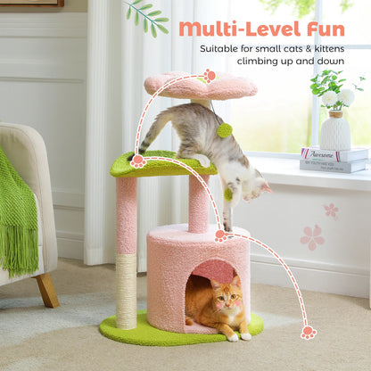 Cat tree with multiple levels and a cat climbing on it, suitable for small cats and kittens.