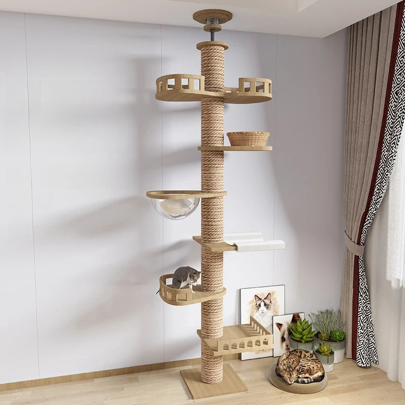 PawTower floor-to-ceiling adjustable cat tree — natural sisal rope climbing tower