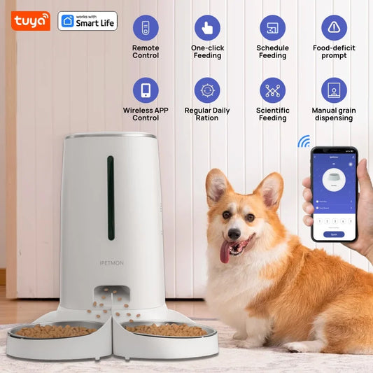 Smart Wi-Fi automatic pet feeder with dual bowls and app control for cats and dogs.