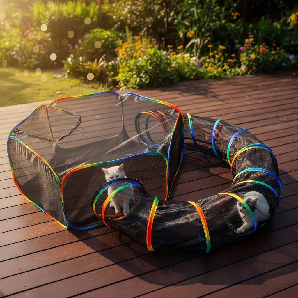 Cat playing with a colorful playpen on a wooden deck
