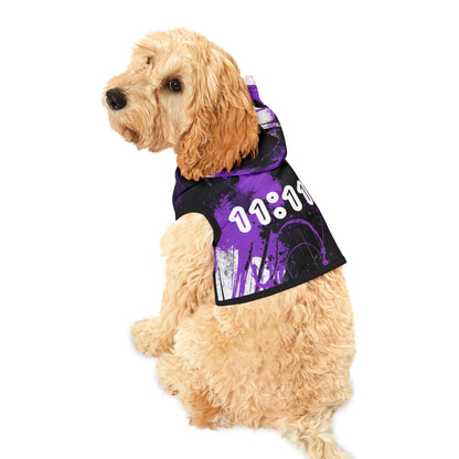 Dog wearing purple black 11:11 angel number pet hoodie