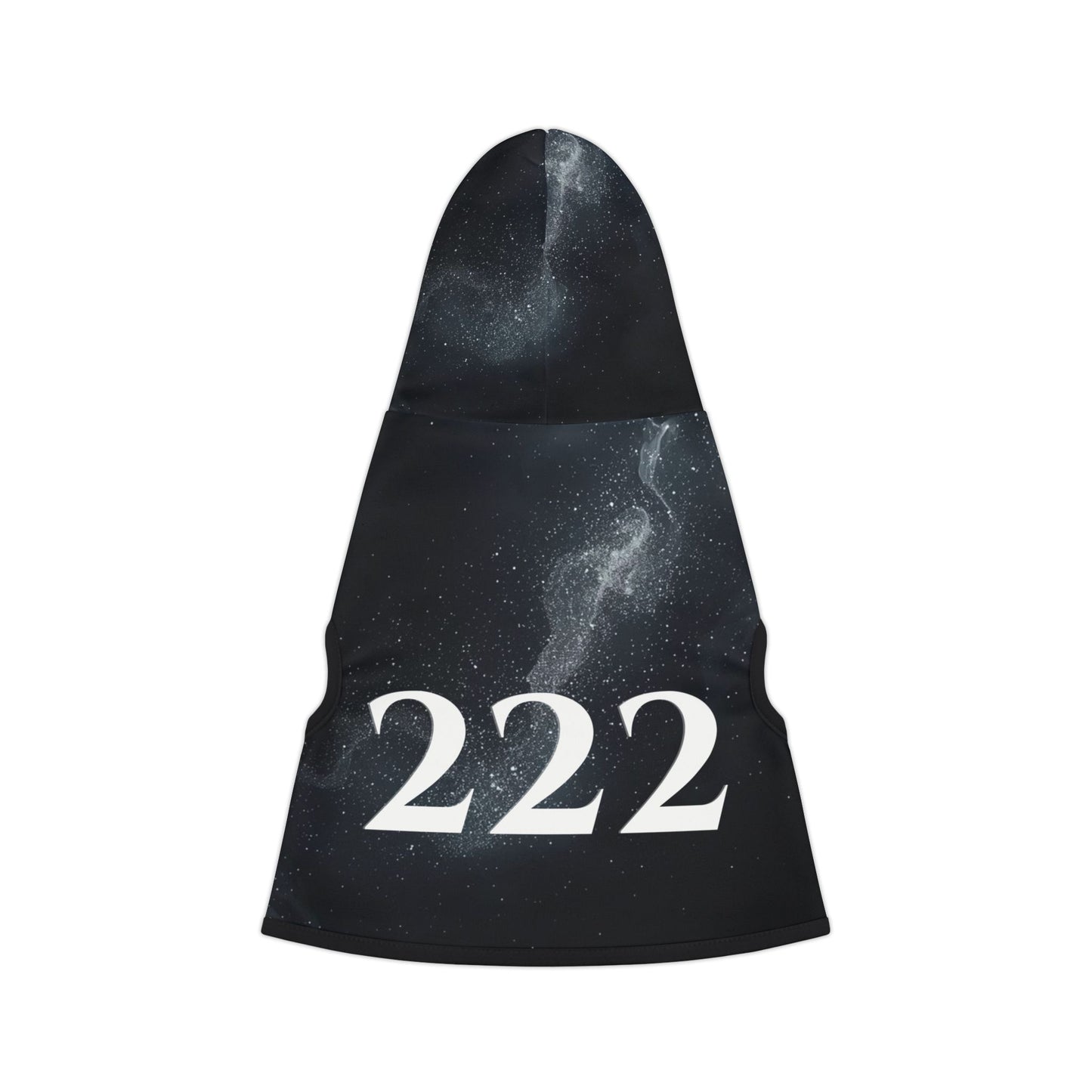 Mystical angel number 222 dog hoodie with white rib trim and celestial night sky pattern