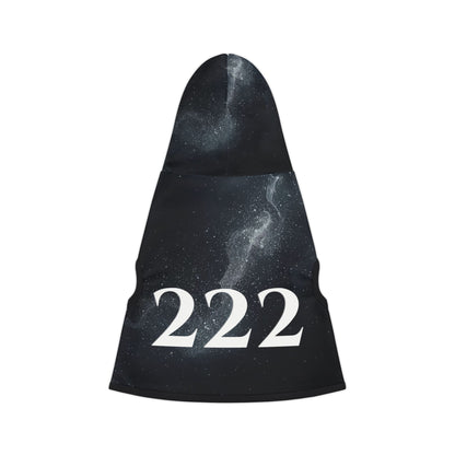 Mystical angel number 222 dog hoodie with white rib trim and celestial night sky pattern