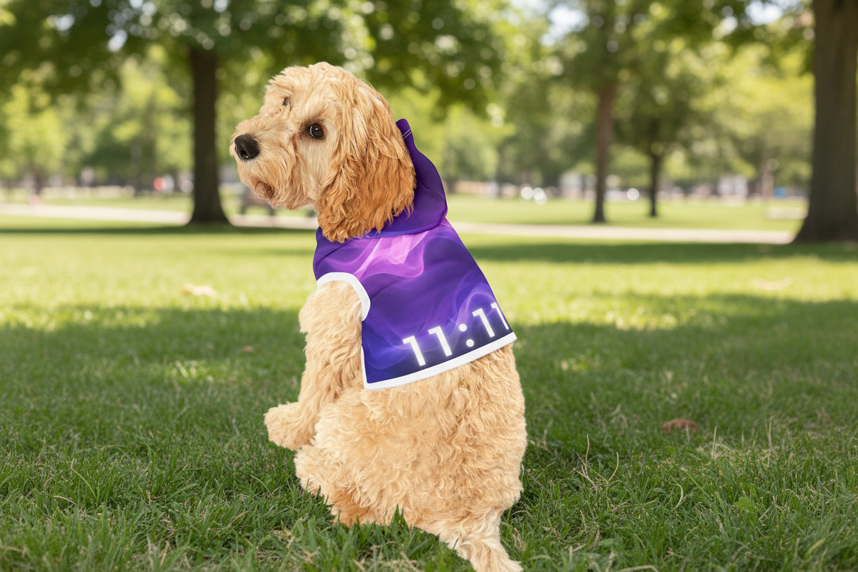 Close up of glowing 11:11 angel number on purple smoke dog hoodie fabric