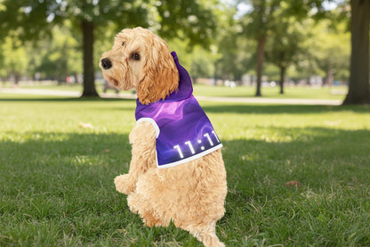 Close up of glowing 11:11 angel number on purple smoke dog hoodie fabric