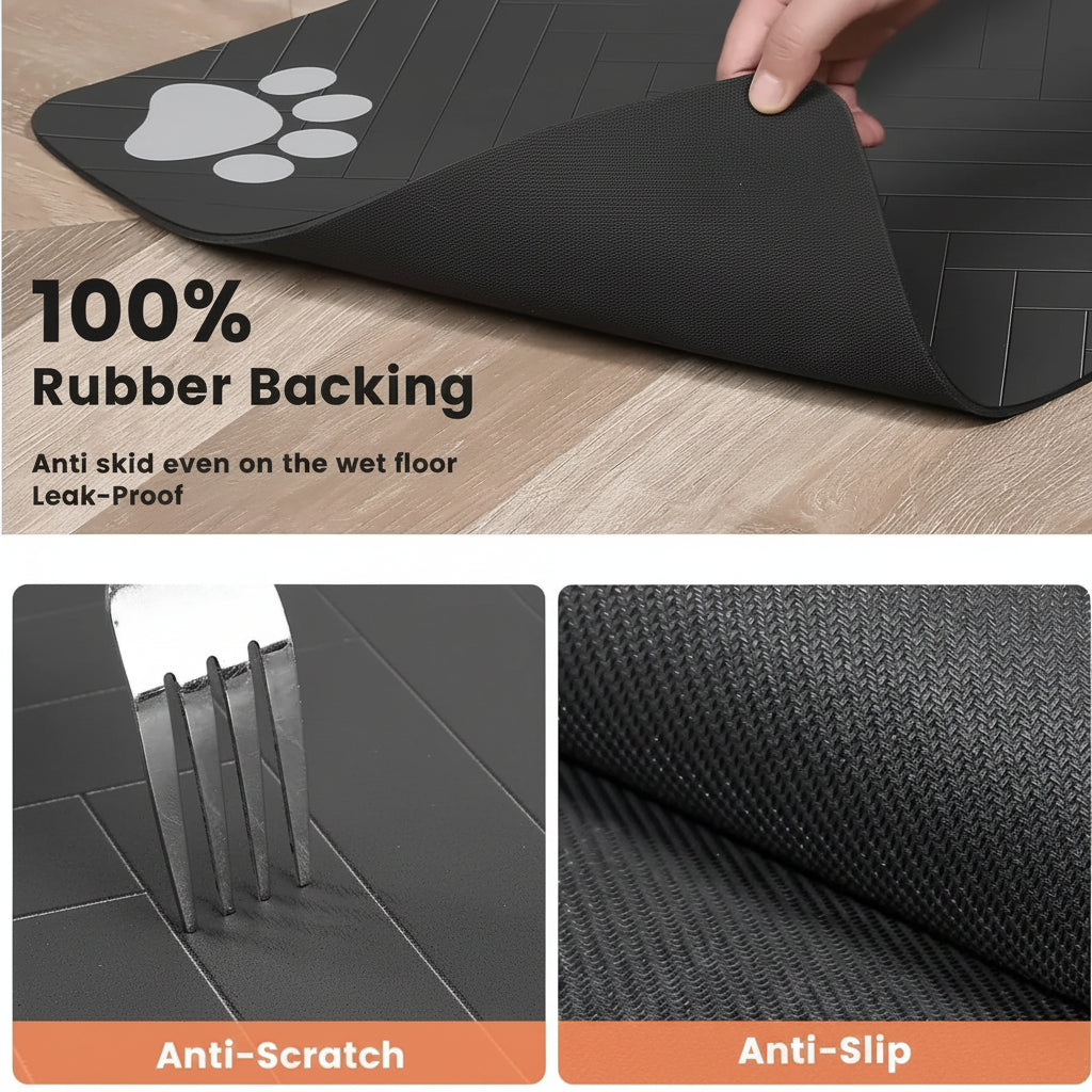 DryPaws mat tilted after water pour showing no drips or runoff from the absorbent top layer