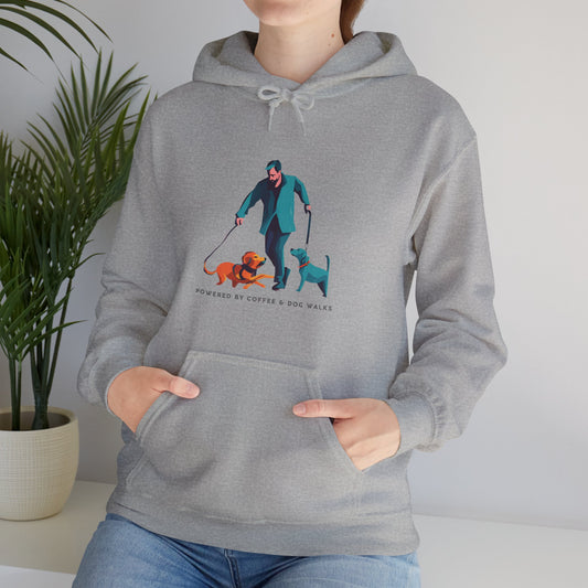 UNISEX Powered by Coffee & Dog Walks" Hoodie – Cozy, Fun & Perfect for Dog Lovers! 🐾☕ Hooded Sweatshirt-Sniffwaggleandwalk™