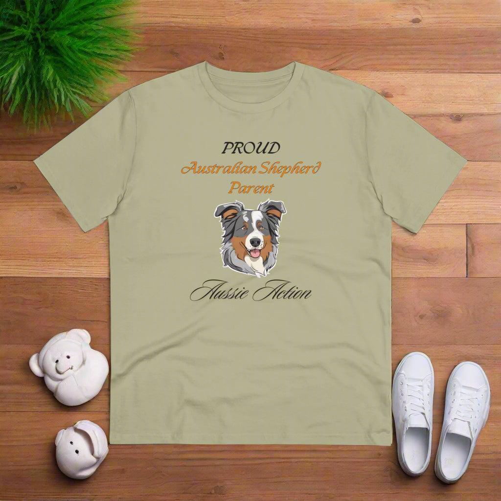 PROUD AUSTRALIAN SHEPHARD PARENT "Aussie Action" Soft Organic T-shirt - Unisex - Sniff Waggle And  Walk SAGE