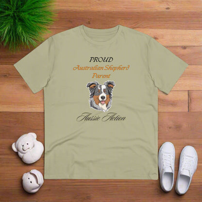 PROUD AUSTRALIAN SHEPHARD PARENT "Aussie Action" Soft Organic T-shirt - Unisex - Sniff Waggle And  Walk SAGE