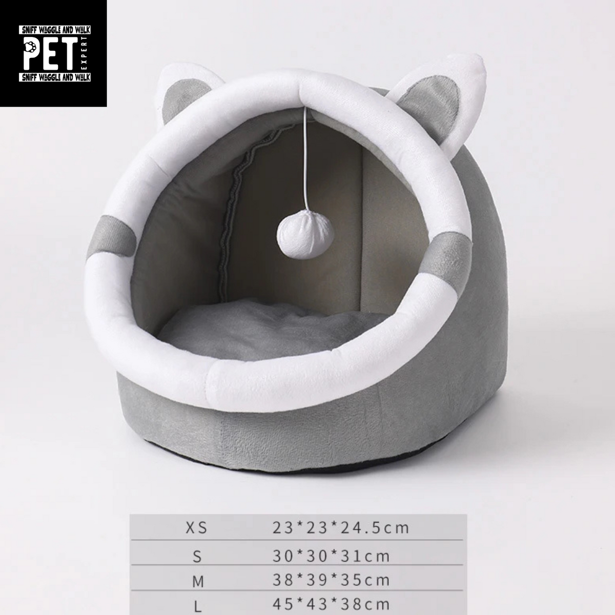 Cat playing with PawDome dangling toy inside the cave bed — grey cat head arch design by SniffWaggleNWalk