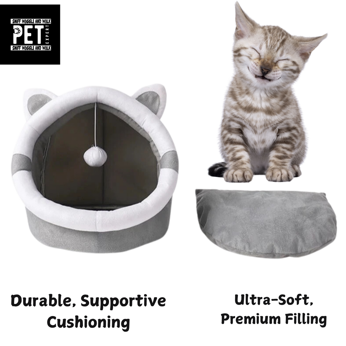 PawDome cat bed dangling pom-pom toy detail — cord sewn into roof seam, stimulates play from inside the den