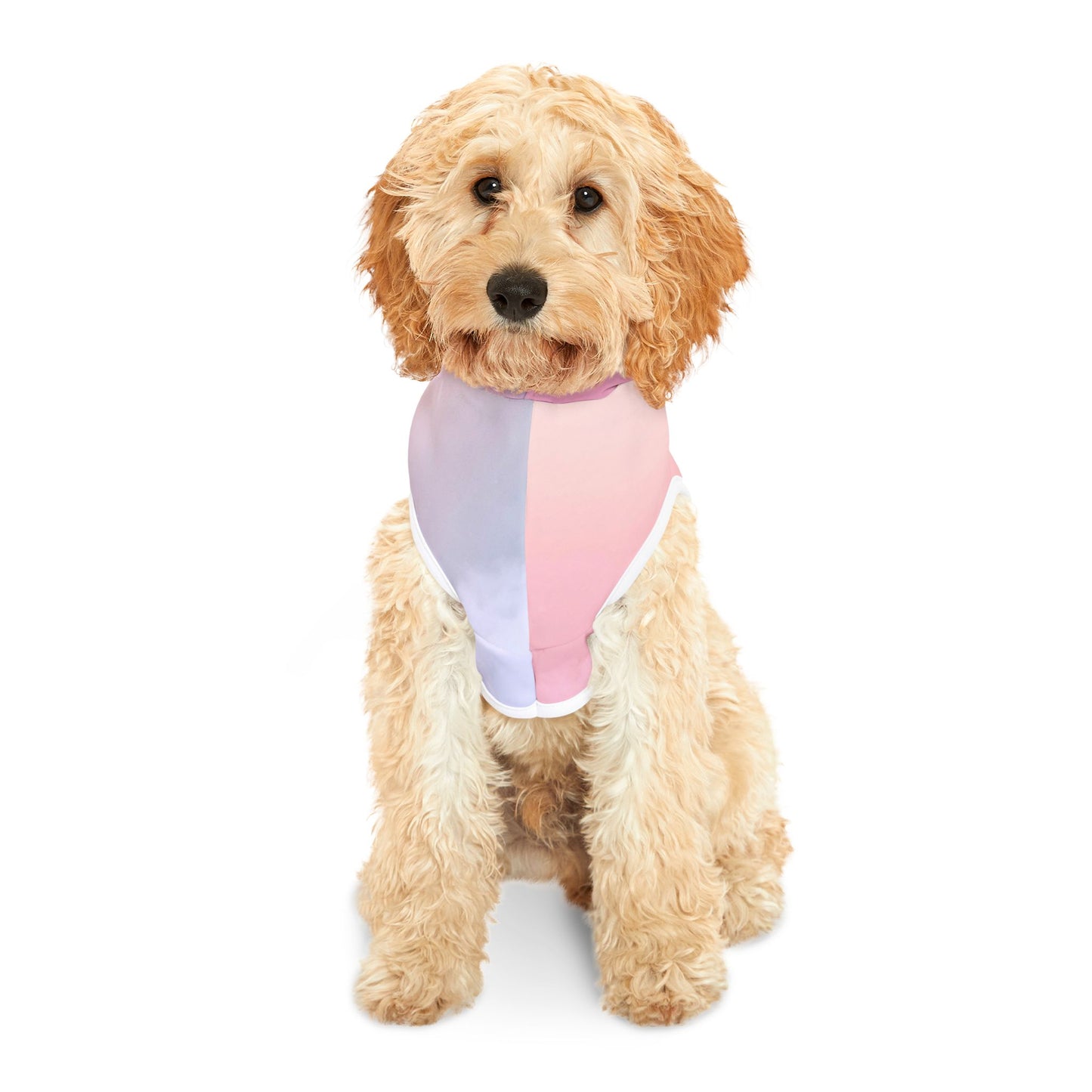 Close-up of pastel pink and lavender pet hoodie fabric