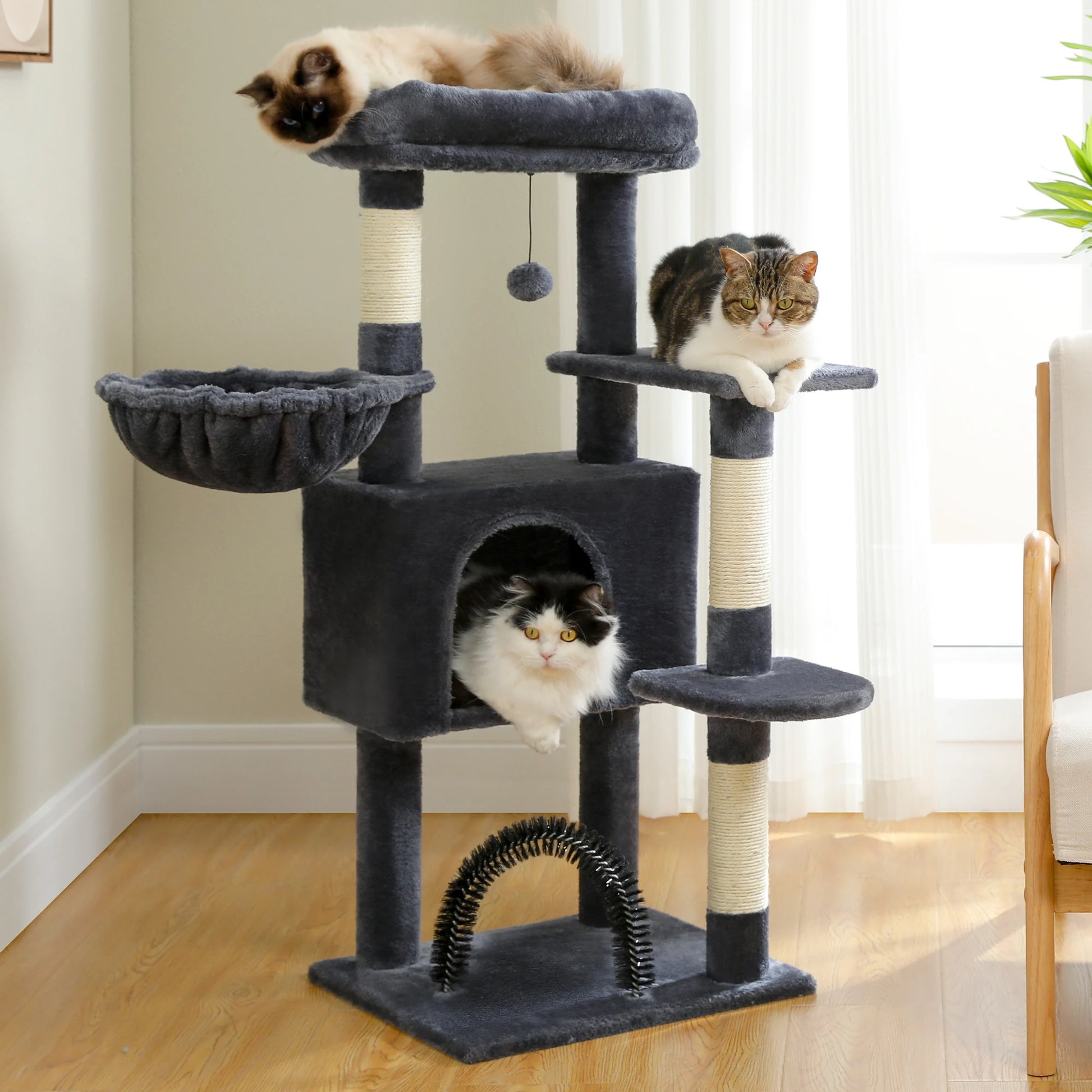 Multi-level cat tree in Deep Grey dark charcoal colourway with sisal posts and arch grooming brush