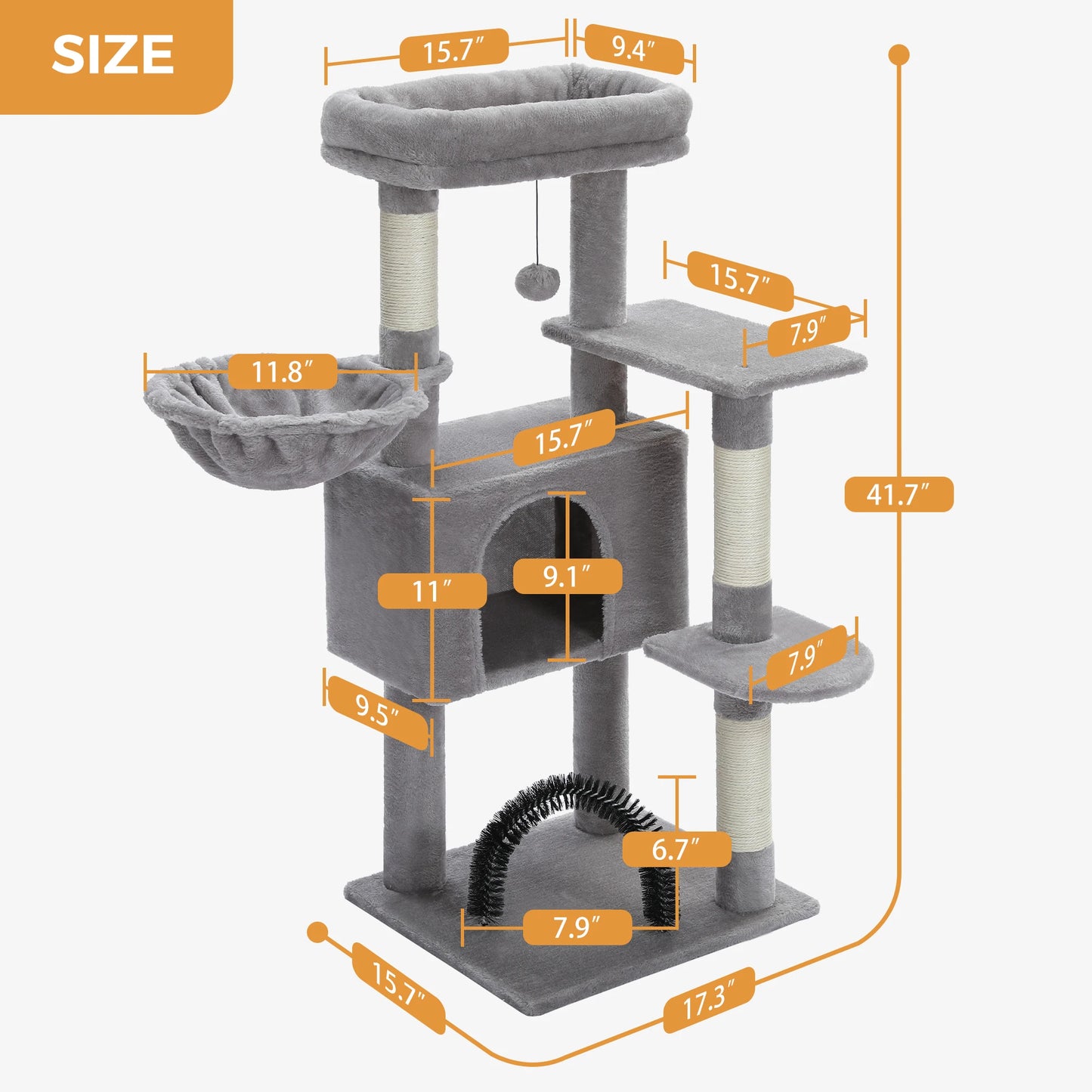 Dimensions diagram for PawArch multi-level cat tree showing 106cm height and platform measurements