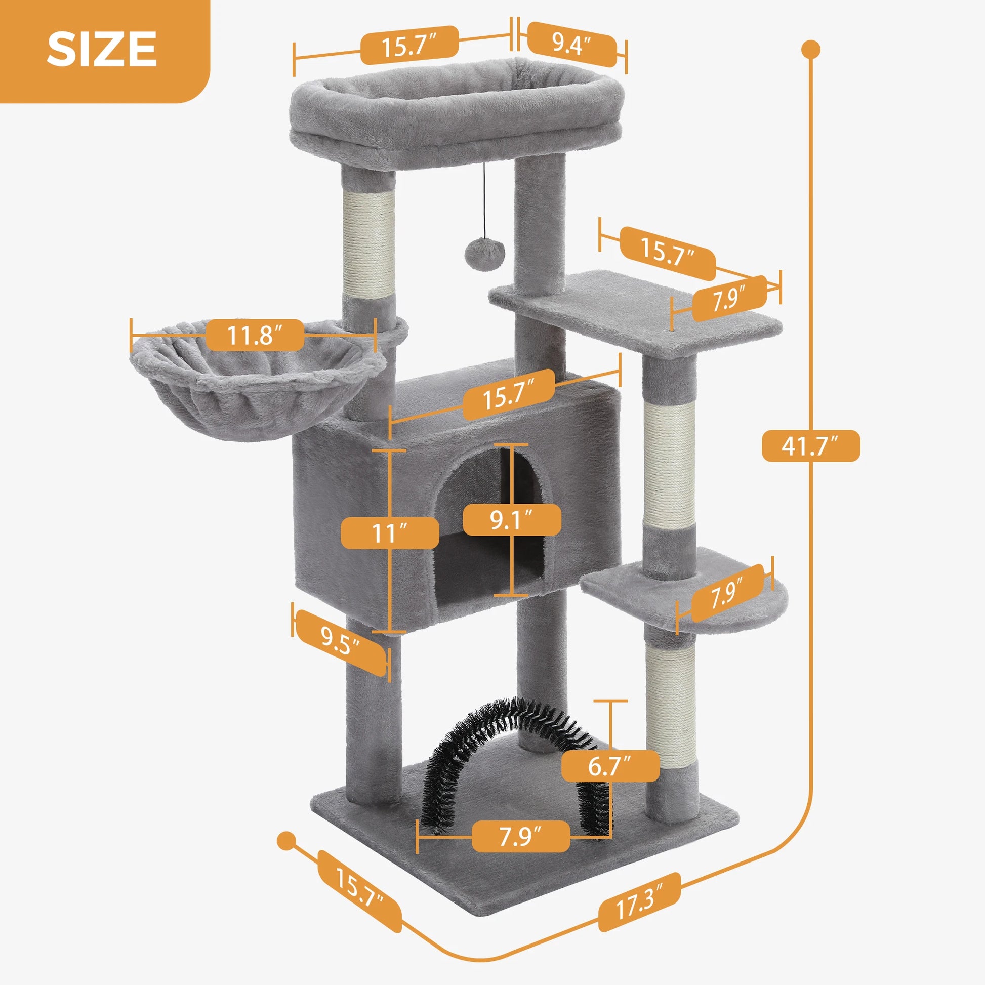Dimensions diagram for PawArch multi-level cat tree showing 106cm height and platform measurements