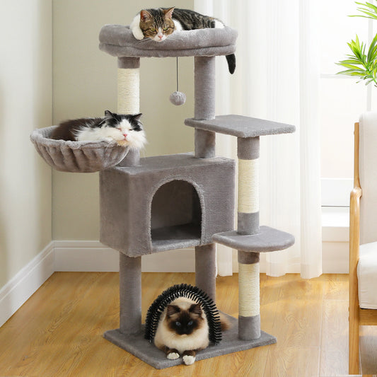 Grey multi-level cat tree with sisal scratching posts, enclosed condo and top plush perch against a neutral background